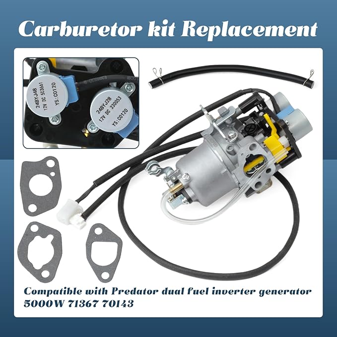 Huayi OEM Carburetor Compatible with Predator 5000 Watts Dual Fuel Inverter Generator 71367 70143 Carb Replacement with Gaskets Fuel Line