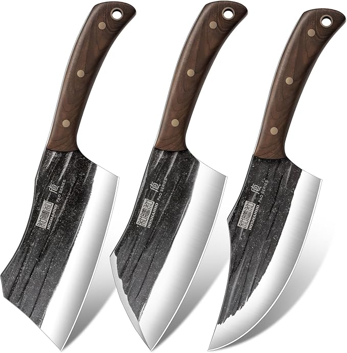 HOSHANHO Butcher Knife Set 3-Piece High Carbon Steel Serbian Chef Knife Set of Heavy Duty Boning Knife &amp Meat Cleaver Knives &amp Viking Knives for Home Cooking Outdoor Camping BBQ
