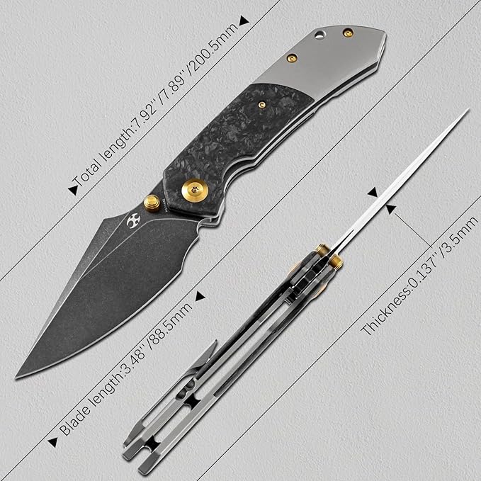 KANSEPT Fenrir Pocket Knife 3.48 Blackwash CPM S35VN Harpoon Blade Titanium Handle Shred Carbon Fiber Inlay Thumb Stud &amp Liner Lock with Deep Clip EDC Knives for Camping Hunting Survival K1034