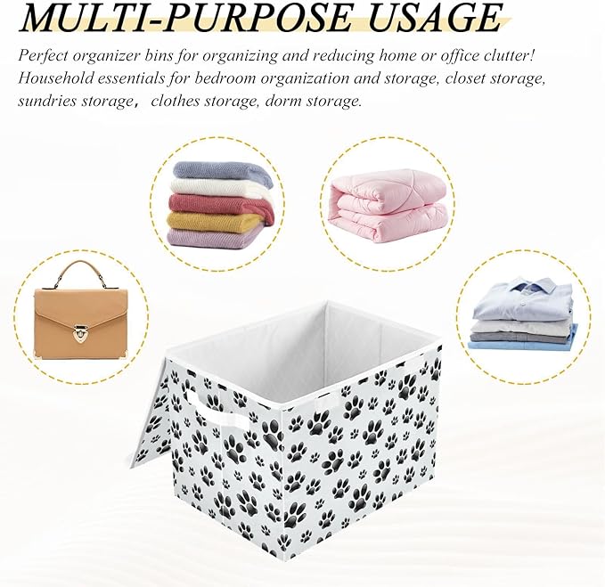Dog Paw Lidded Home Storage Bins Closet Storage Bins Foldable Oxford Fabric Storage Box for Home Bedroom Closet Office (16.5x12.6x11.8 in)