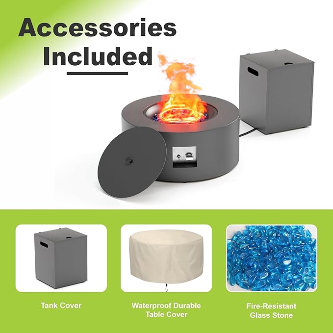 2-Piece 30 Round Propane Fire Pit for Outside Patio with Hidden Tank Table 50000 BTU Fireplaces with Lid Glass Rocks Cover(Dark Grey)