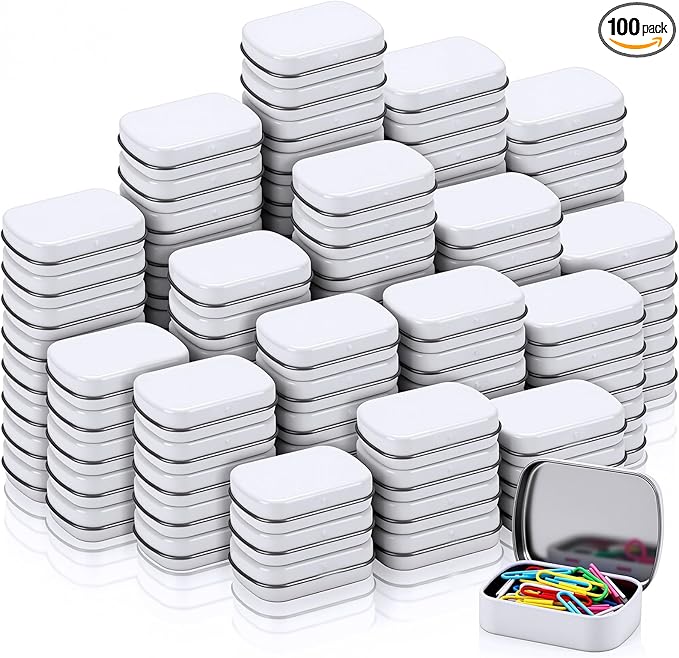 100 Pcs Metal Hinged Tin Box Rectangular Small Tin Container with Lid Mini Portable Tinplate Storage Box for Drawing Pin Candies Jewelry Crafts Button Pill 2.4 x 1.8 x 0.6 Inch(White)