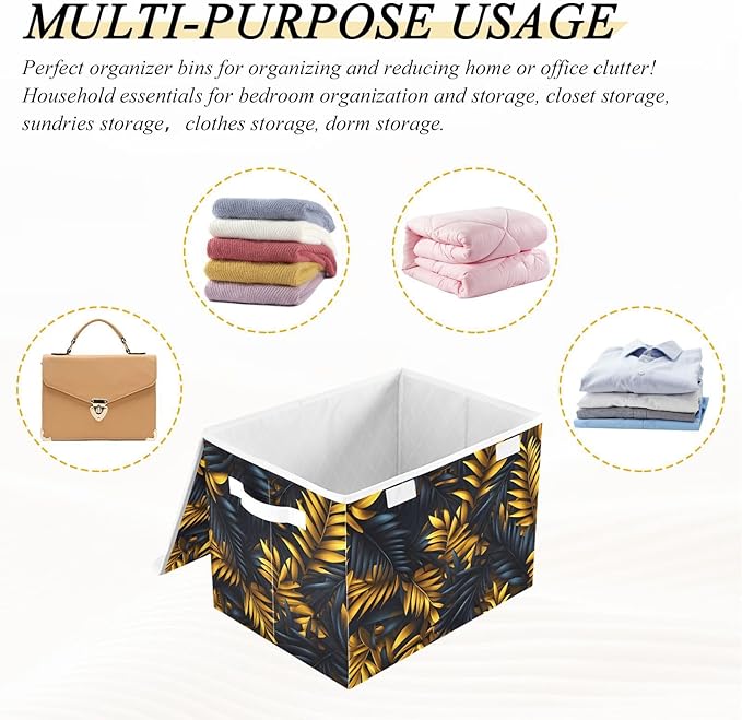 AIXIWAWA Lidded Storage Cube (Gold Palm Leaf) Fabric Foldable Closet Bins with Flip Lid and Handles Organizer Basket Container 16.5 x 12.6 x 11.8 IN