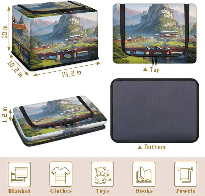 Cartoon Hills Storage Bins with Zipper Lid Collapsible Storage Bags Closet Organizer Leather Handles Foldable Storage Baskets Boxes with Leather Handles for Nursery Bedroom Clothes Toy