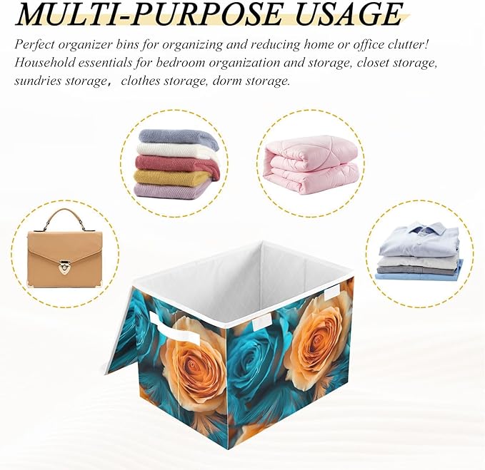 AIXIWAWA Lidded Storage Cube (Green Orange Floral) Fabric Foldable Closet Bins with Flip Lid and Handles Organizer Basket Container 16.5 x 12.6 x 11.8 IN