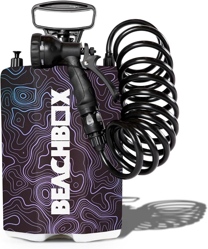 BeachBox Portable Shower Tank – Insulated Hot &amp Cold Water Tank for Camping Beach &amp Outdoor Adventures – 1.3 Gal Capacity – Multi-Spray Shower Gun – Easy Fill &amp Carry
