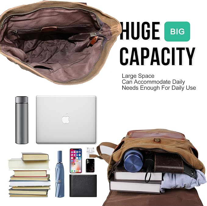 Heavy-Duty Wax Canvas with Top Layer Cowhide Retro Backpack Suitable for Men and Women'S Leisure/Hiking/Traveling/College Canvas Backpack(8431-Khaki)