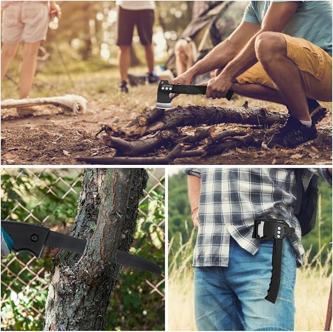 Multifunctional Hammer Head Axe Survival Tactical Tool - Folding Saw Flintstone Whistle with Axe Sheath - Camping Hatchet for Outdoor Hiking