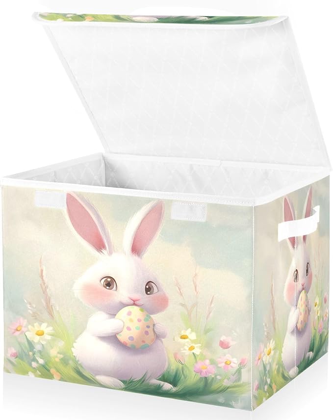 Christmas Storage Baskets with Lids Cute Rabbit Easter Collapsible Bins Stackable Fabric Linen Baskets Closet Organizer Container 16.5x12.6x11.8