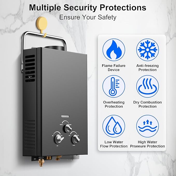 6L Portable Natural Gas 1.58GPM Instant Hot Shower for Camping/RV 40K BTU Tankless Water Heater(Black)