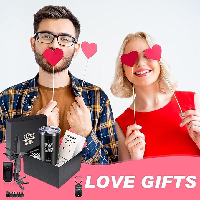 Valentines Day Gifts For Husband-Premium Insulated Tumbler &amp Multi-Tool Pocket Knife Set with Keychain &amp Greeting Card GiftAnniversary Birthday Gift for Him-Mens Wedding Keepsake Box