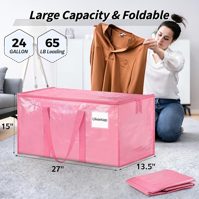 16 Pack Extra Large Heavy Duty Moving Bags Pink Storage Bins with Lids Reinforced Handles &amp Heavy-Duty Zippers Moving Boxes Storage Bags Totes for Clothes Packing Dorms College Supplies Pink