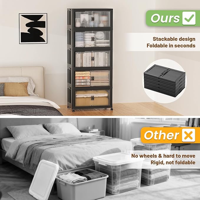 SAILUN 44Gal/175Qt Stackable Storage Bins Folding Collapsible Storage Bins with Lid Closet Organizers and Storage Box with Door Black 18 W x 11 D x 51 H