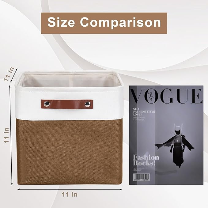 Collapsible Fabric Storage Cubes 11x11 Cube Storage Bins 4 Pack Closet Baskets Box with Handles for Organizing Shelf Toys Clothes Home Office Nursery (Brown&ampWhite)