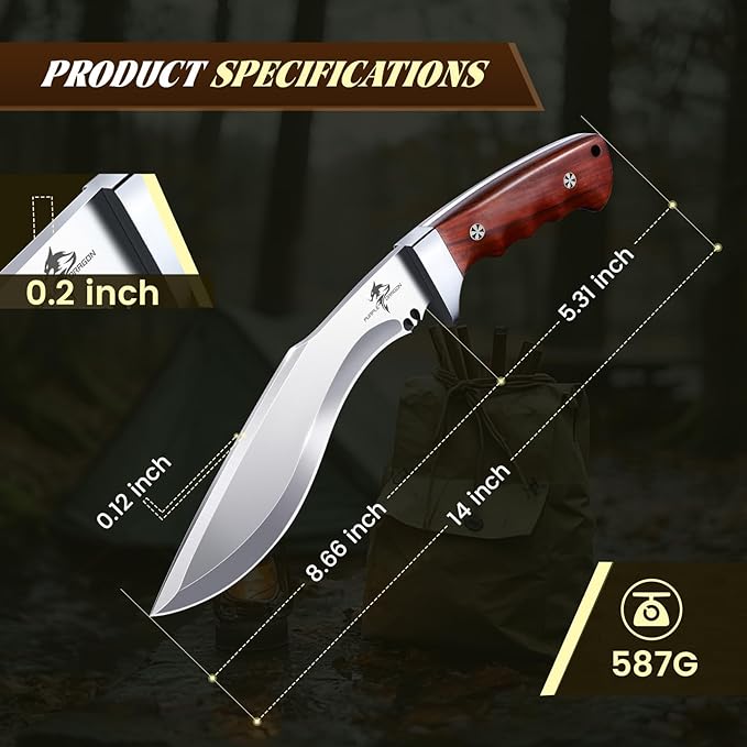 Purple Dragon Kukri Fixed Blade Knife With Sheath 8 Inch Full Tang Heavy Duty Camping Knives - Christmas Gift for Men and Women