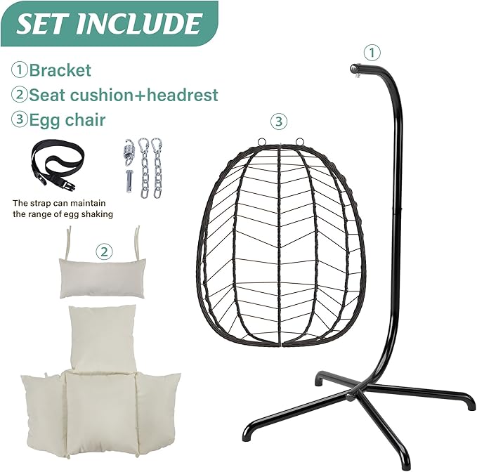 LEX CRAFT Hanging Egg Chair with Stand Swinging Egg Chair Outdoor Indoor Hanging Basket Chair with Cushion Patio Wicker Hammock Chair 350lbs Capacity for Porch Balcony Backyard Garden (Beige)