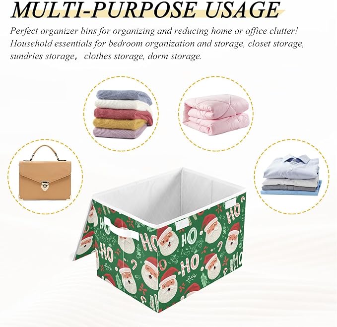 Christmas Santa Claus Green Storage Box with Lid 1 PC Foldable Storage Bin with Lids Stackable Storage Bins Cube Closet Organizer Basket with Flip-Top Lid &amp Handles for Shoes Books Towels