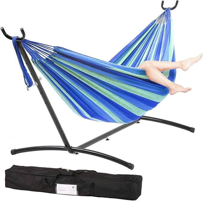 9Ft Portable Solid Steel Heavy Duty Stand Hammock with Carrying Case 2 Person Large Durable and Stable Best Hammock Stands for Indoor or Outdoor Backyard Decor Bed Patio Lawn Garde - Blue 300 Lb