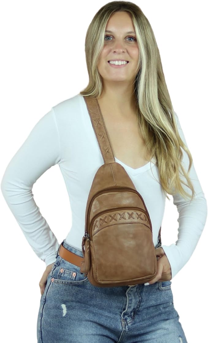 Lady Conceal Taylor Leather Unisex Tactical Gun Holster Sling Backpack - Medium Frame Handgun -Two locking concealment pockets with Locking Zippers and Universal Holster - 7 L x 12 H x 3.5 D