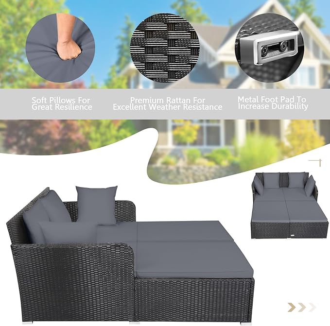 Tangkula Outdoor Rattan Daybed Wicker Furniture with Spacious Seat Upholstered Cushion &amp High-Resilience Sponge Patio Sofa Set with 4 Pillows 2-Person Sunbed for Poolside Backyard Garden &amp