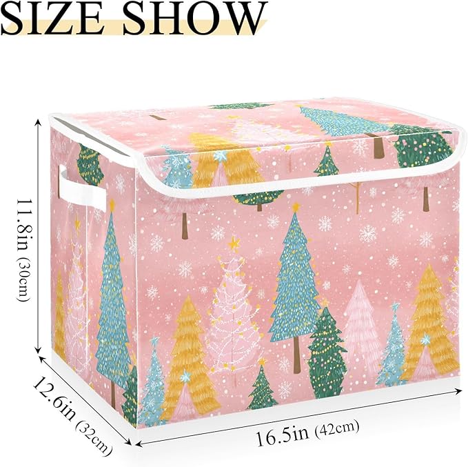 Pink Christmas Trees Storage Box with Lid 1 PC Foldable Storage Bin with Lids Stackable Storage Bins Cube Closet Organizer Basket with Flip-Top Lid &amp Handles for Shoes Books Towels