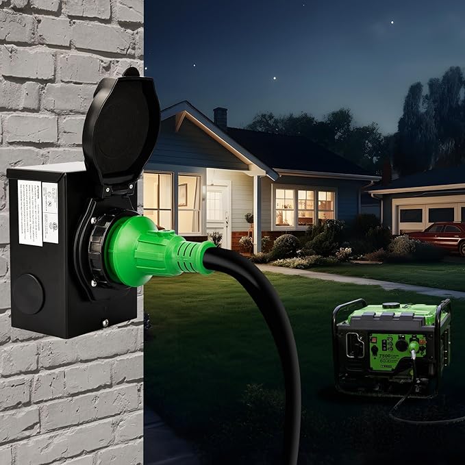 RVGUARD Emergency Power Combo Kit 25 Foot 30 Amp Generator Cord and Power Inlet Box NEMA L14-30P to L14-30R Generator Cord with NEMA L14-30P Pre-Drilled Generator Inlet Box ETL Listed