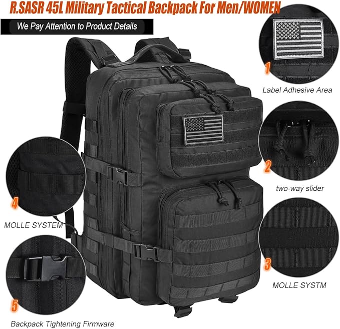 45L Tactical Backpack for Men Women Military Assault Pack with MOLLE Large 3 Day Bug Out Bag for Hiking Camping