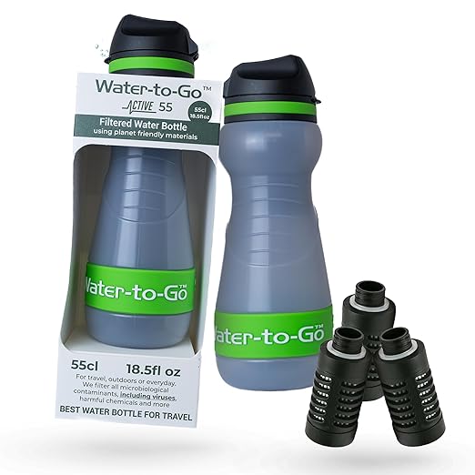 Small Filtered Water Bottle (18.5oz/55cl) Value Bundle with Three Filters Nanofiltration Water Bottle with Filter for Travel BPA-Free Bioplastic. Green