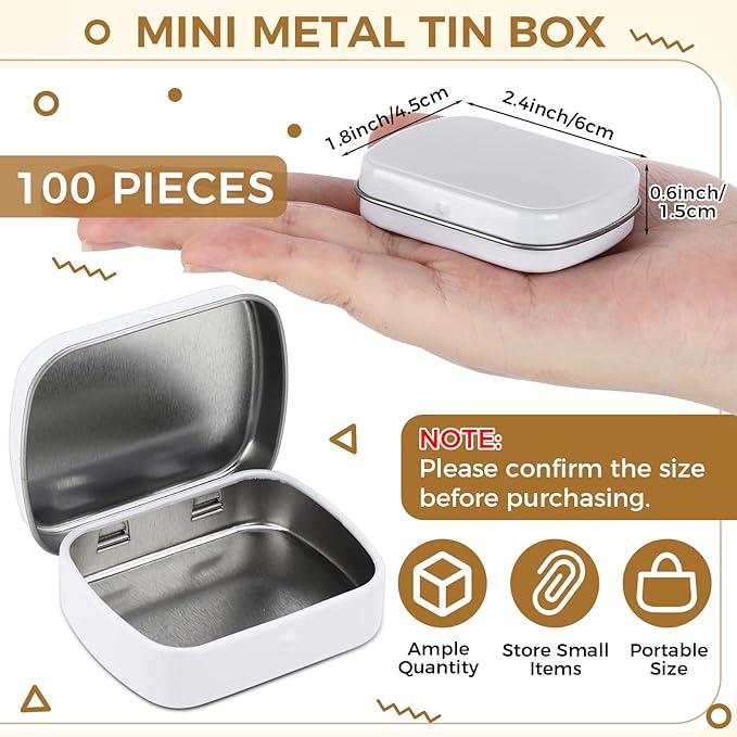 100 Pcs Metal Hinged Tin Box Rectangular Small Tin Container with Lid Mini Portable Tinplate Storage Box for Drawing Pin Candies Jewelry Crafts Button Pill 2.4 x 1.8 x 0.6 Inch(White)