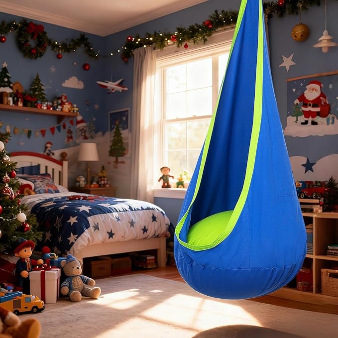 Y- STOP Kids Pod Swing Seat Hanging Hammock Chair Swing with Inflatable Pillow Sensory Swing Chair with Pocket for Outdoor and Indoor (Blue)