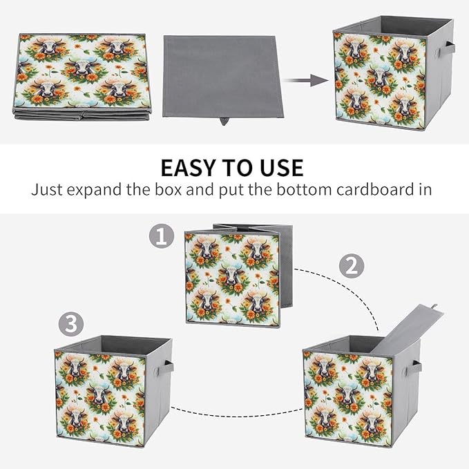 Collapsible Storage Bins with Handles Cute Highland Cow Foldable Cube Organizer Box for Closet Shelf Toy Storage Space-Saving Home &amp Office Decor