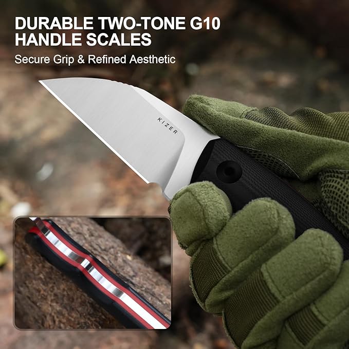 Kizer Snick Fixed Blade Knife with Sheath 2.68 AEB-L Steel Sheepfoot Camping Knife with Black G10 Handle EDC Knives for Hiking 1085A1