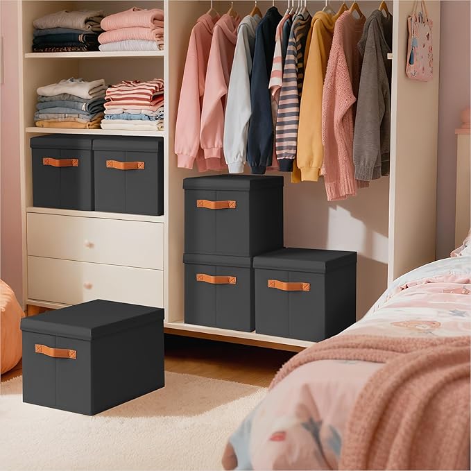 Homsorout Storage Bins with Lids - Large Fabric Closet Bins with Lid 6 Pack Clothes Organizers and Storage Collapsible Stackable Cube Basket for Home Office Dorm Black