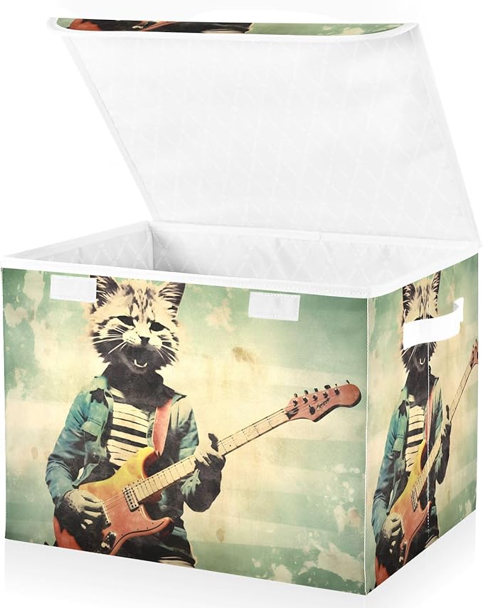 Storage Cube with Lid Cat Playing Guitar Print 16.5×12.6×11.8 IN 1 Pack Collapsible Large Capacity Foldable Storage Basket Bin Organizer