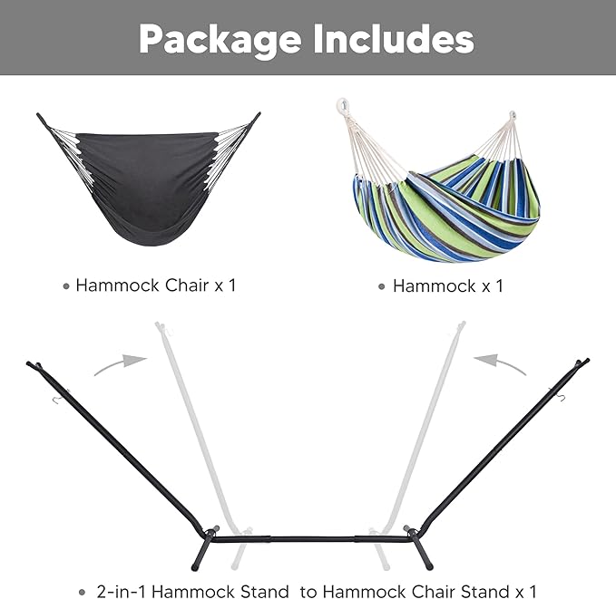 SUNCREAT 2-in-1 Convertible Backyard Fabric Hammock with Stand Large Hammocks for Outside Patented Light Green Stripes