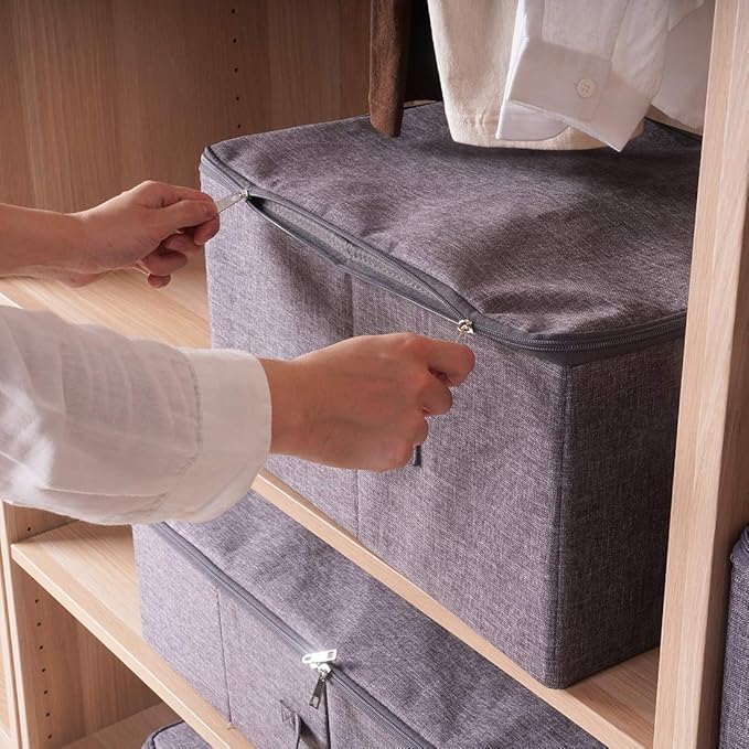 iwill CREATE PRO Pack of 2 Fabric Folding Washable Clothes Storage Boxes with Zip Lid for Wardrobe Black Gray