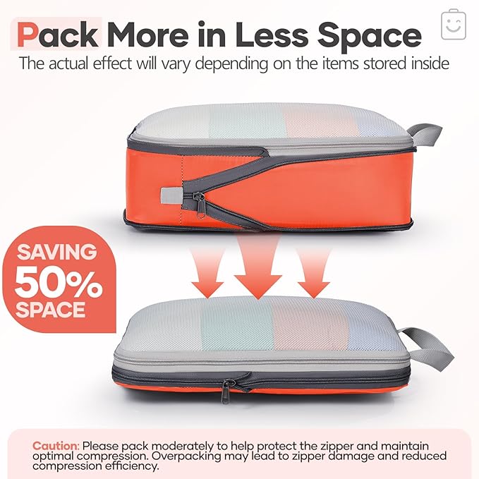 Veken 9/11 Set Compression Packing Cubes for Travel EssentialsCompressible Expandable Large Luggage Suitcase Organizer Bags for ClothingDurable Space Saver Storage Bags with Toiletry Bags(Orange)