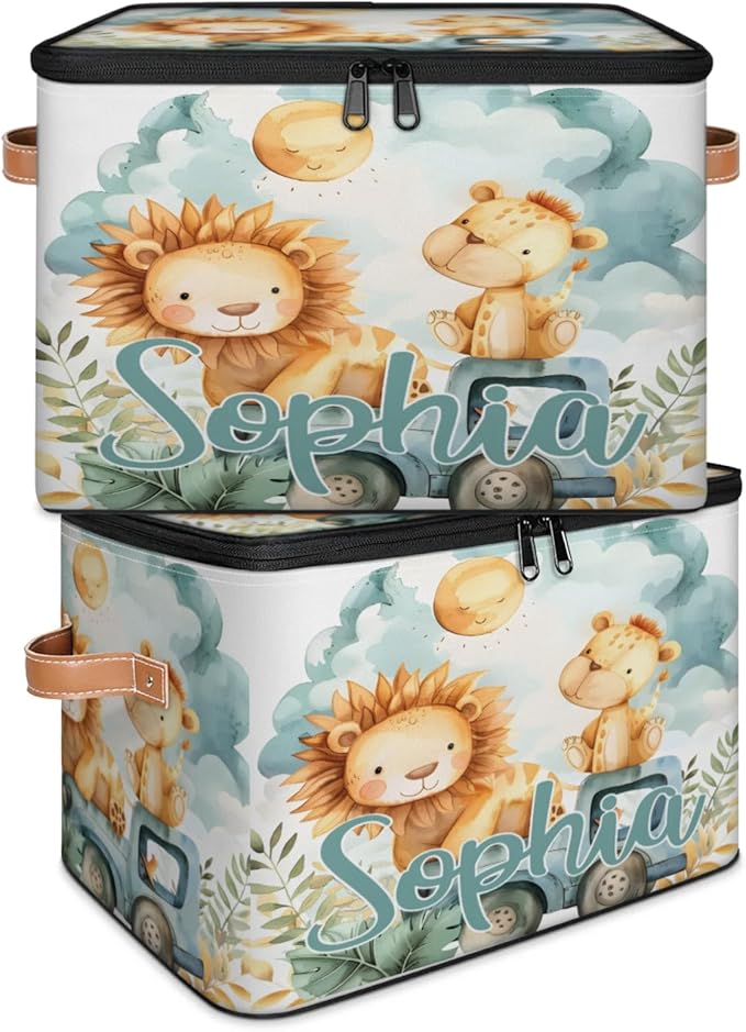 Custom Storage Basket with Name Personalized Storage Bins with Zipper Lid Foldable Fabric Storage Box Large capacity with Handle Lion Car