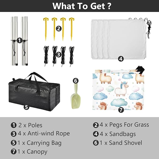 ALAZA Llamas Alpaca Cute Clouds Beach Tent Sun Shelter UPF50+ Protection Beach Shade Canopy w/ 4 Sandbags for Outdoor Camping Fishing Backyard Fun Picnic 10x9 ft