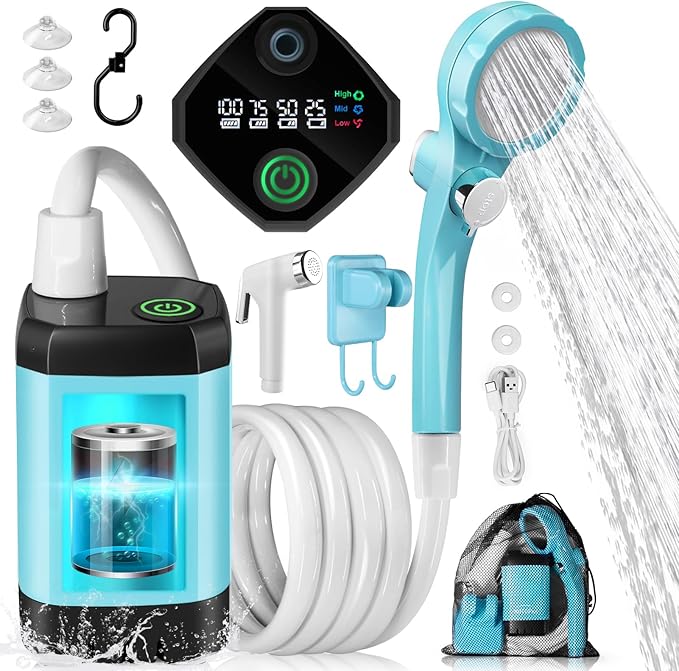 AUTOPkio Portable Camping Shower - Outdoor Camp Shower with Showerhead Sprayer &amp Rechargeable Battery Pump for Camping Travel Hiking Car Washing Pet Bath