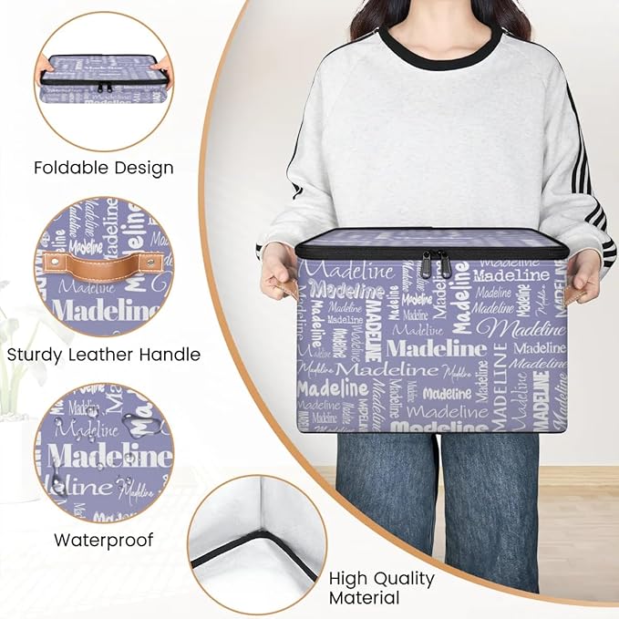 Custom Storage Basket with Name Personalized Keepsake Box with Zipper Lid Foldable Fabric Memory Bin Large capacity with Handle Haze Purple