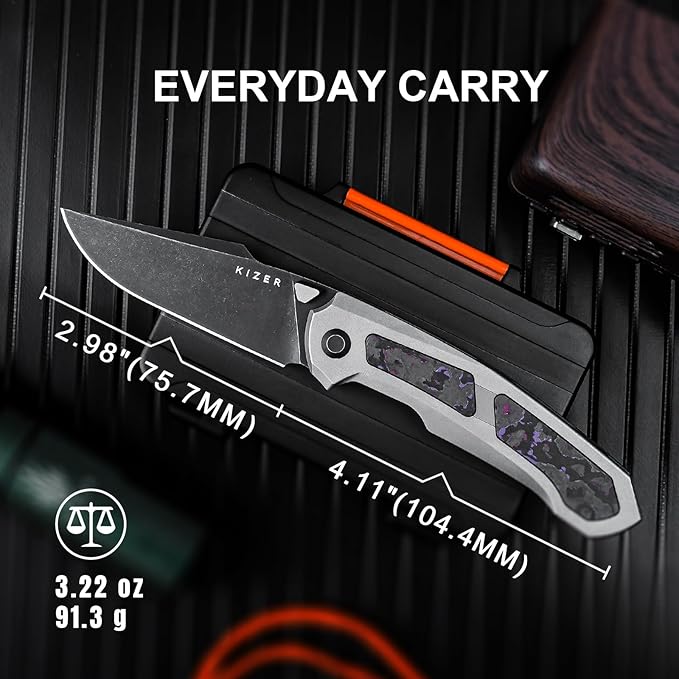 Kizer Feweed Pocket Knife 2.98 S35VN Clip Point Blade Folding Knife with Titanium &amp Fat Carbon Purple Haze Handle Front Flipper &amp Thumb Stud Opener EDC Knives for Camping Hiking KI3694A1