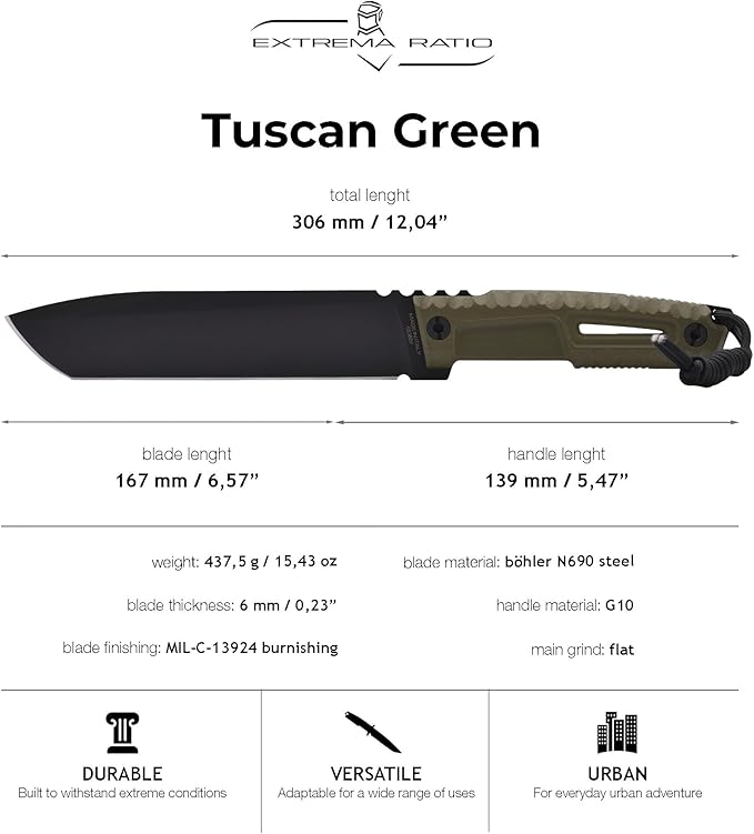 Extrema Ratio - Tuscan (Green) Fixed Blade Knife Bohler N690 steel blade 3.5 mm thick hardened to 58 HRC satin finish blade aluminum handle made in Italy