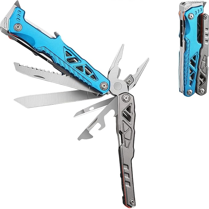 Multitool 15-in-1 Full-Size Lightweight EDC Multi-Purpose Pliers Multitools Camping Knives &amp Tools Tactical Outdoor Gear Mens Gifts Ideas Gifts for Hunters Men who have Everything (Blue)