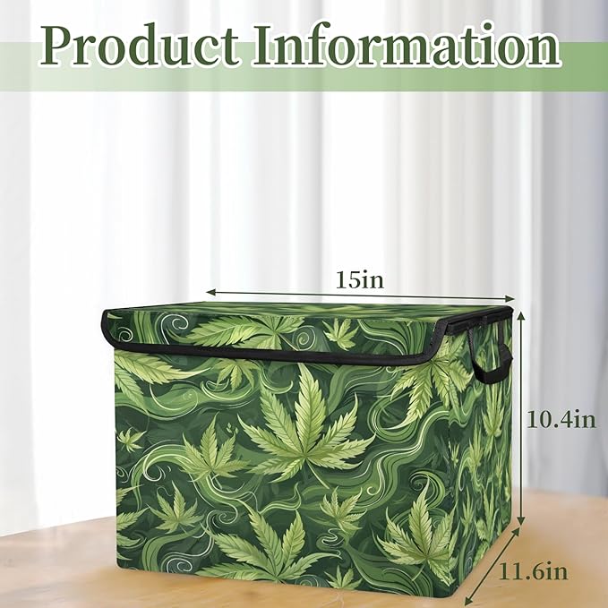 Leaf Storage Bins with Lids Green Leave Foldable Storage Boxes with Carrying Handle Organizer Containers Baskets Cube for Home Bedroom Closet