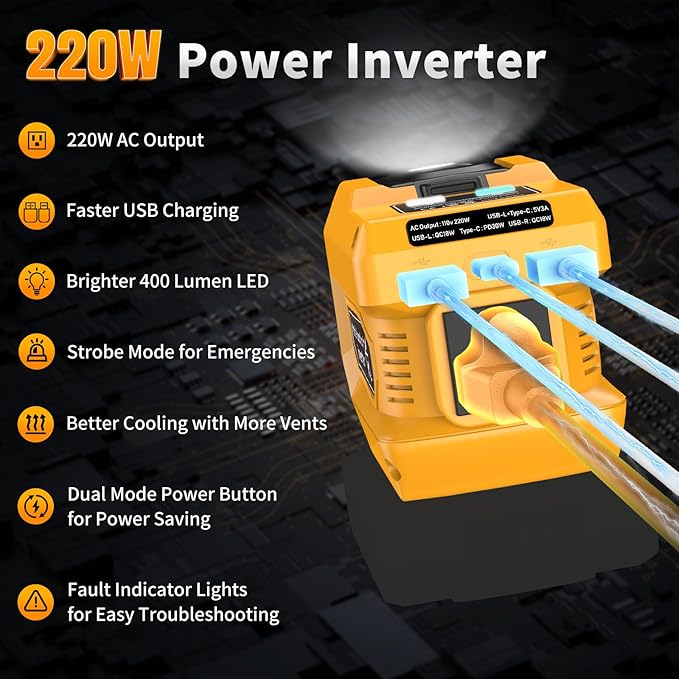 2 Pack Kzreect 220W Power Inverter Compatible with DeWalt 20V/18V Batteries (Battery Not Included) DC to 110V AC Converter with 1 AC Outlet USB-C Dual USB-A &amp 400LM LED Light for Camping Emerg