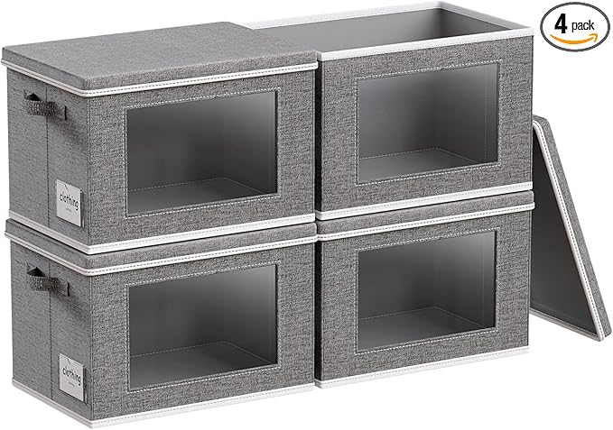 4-Pack Fabric Storage Bins with Lids Collapsible Closet Storage Bins with Clear Window Large Storage Boxes with Handles Closet Organizers for Shelves Wardrobe Grey 15×9.8×9.8