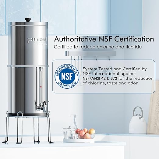 Purewell 8-Stage 0.01μm Ultra-Filtration Water Filter System 304 Stainless Steel Countertop System with 4 Filters Metal Water Level Spigot and Stand Reduce Fluoride and Chlorine 2.25G PW-OB-CF