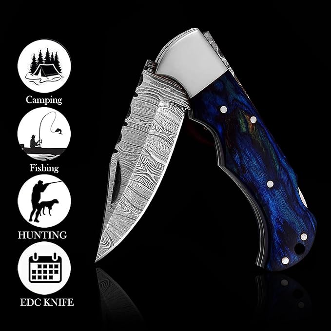 Pocket Knife 2.92 Drop Point Damascus Steel Blade Folding Knife with Blue &amp Black Wood Handle Back Lock EDC Knives with for Men Women GK-751 (Blue)