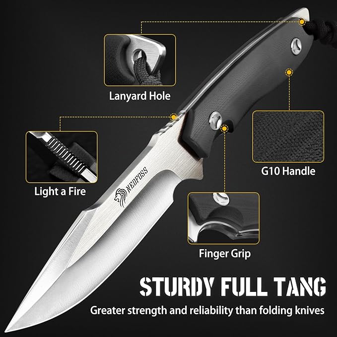 NedFoss Survival Knife with Fire Starter and Kydex Sheath 9.25 Full Tang Fixed Blade Camping Knife with Sheath Horizontal &amp Vertical Bushcraft Knife with G10 Handle for Outdoor Hunting Fishin